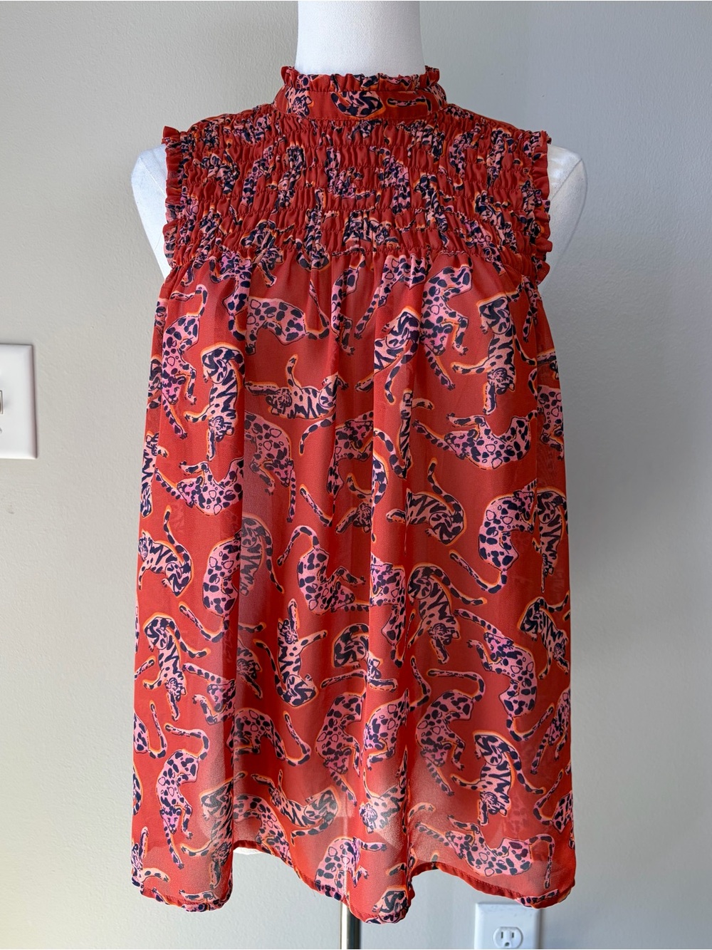 Maeve Cheetah Patterned Sheer Sleeveless Darby Blouse